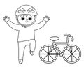 Cute black and white boy in helmet jumping with joy with hands up. Happy kid with bicycle. Vector summer camp outline illustration