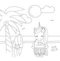 Cute lovely black and white cartoon Hawaiian unicorn at the beach funny vector illustration for coloring art