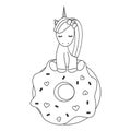 Cute vector black and white cartoon lovely unicorn sitting on a big donut illustration for coloring art