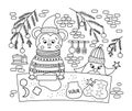 Cute black and white Christmas preparation scene with monkey and penguin baking cookies. Winter line illustration with animals.