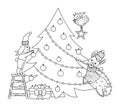 Cute black and white Christmas preparation scene with rabbit, bird and llama decorating fir tree. Winter line illustration with Royalty Free Stock Photo