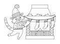 Cute black and white Christmas preparation scene with raccoon in hat and sweater with stockings and chimney. Winter line