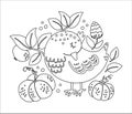 Cute Black And White Composition With Sleeping Bird And Pumpkins. Vector Autumn Outline Print Design Isolated On White Background