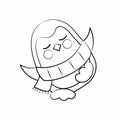 Cute black and white contour-drawn dancing penguin in a scarf.  Vector illustration. Royalty Free Stock Photo