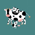 Cute black and white cow and two spotted cats with bowl of milk. Adorable cheerful kine and funny feline.