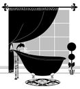 Cute Black and White Drawing of a Bathroom With Vintage Claw-foot Bathtub