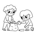 Cute black and white eco friendly kids collecting waste. Boy, girl caring of environment, sorting rubbish. Earth day coloring page