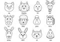 Cute black and white farm animal faces collection. Funny set and coloring page Royalty Free Stock Photo