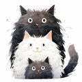 Cute black and white fluffy cats with kitten. Illustration on white background. Generative ai