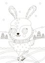A cute black and white little rabbit is skating on ice in the forest. Winter coloring page A4. Outline illustration for toddler. I