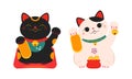 Cute black and white Maneki Neko, Japanese lucky cats. Feng Shui, fortune, folklore symbol cartoon vector illustration Royalty Free Stock Photo