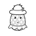 Cute black and white pineapple girl in hat and skirt. Cute summer coloring page for kids