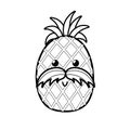 Cute black and white pineapple with mustache. Summer coloring page for kids