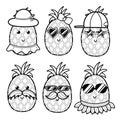 Cute black and white pineapple set. Coloring page for kids with pineapple characters
