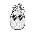 Cute black and white pineapple with sunglasses. Summer coloring page for kids