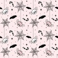 Cute black, white and pink halloween seamless vector pattern background illustration with spider, bats, cobweb, candy cane and sta