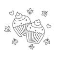 Cute black and white pumpkin cupcakes cartoon vector illustration for coloring art