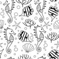 Cute black and white seamless vector pattern background illustration with fishes, corals, starfishes, seahorses and seashell Royalty Free Stock Photo