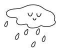Cute black and white smiling cloud with rain drops. Vector outline autumn weather character isolated on white background. Fall