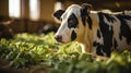 Cute black and white spotted cow eating fresh celery leaves in farm Royalty Free Stock Photo