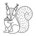 Cute black and white squirrel with acorn. Vector autumn character isolated on white background. Fall season woodland animal line Royalty Free Stock Photo