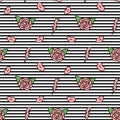 Cute black white stripes seamless vector pattern background illustration with pink roses, lips and lightning Royalty Free Stock Photo