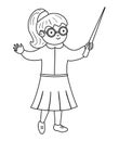 Cute black and white teacher with chalk board pointer. Outline back to school vector smiling professor. Educational character