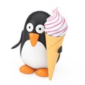 Cute Black and White Toy Cartoon Penguin with Soft Serve Ice Cream in Waffle Crispy Ice Cream Cone. 3d Rendering Royalty Free Stock Photo