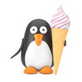 Cute Black and White Toy Cartoon Penguin with Soft Serve Ice Cream in Waffle Crispy Ice Cream Cone. 3d Rendering Royalty Free Stock Photo