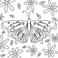 Cute black and white vector art design with butterfly insect, daisy flowers and leaves hand drawn illustration for coloring book