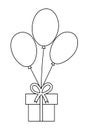 Cute black and white vector present flying on bunch of balloons. Funny outline birthday gift box illustration for card, poster,