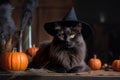 Cute blak cat in a black Halloween witch hat sits with orange pumpkins and a large spider for the holiday. Halloween Pet Royalty Free Stock Photo