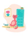 Cute bloated cat near the bowl of food in cartoon flat style. Hand drawn illustration with quote