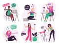 Cute blogger girls. Beauty bloggers create and post video content, smiling vlogger girl and online young woman blog flat vector