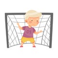 Cute Blond Boy Goalkeeper Catching Ball Between Goalposts Vector Illustration