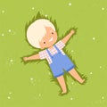 Cute Blond Boy Lying Down on Green Lawn, Kid Having Fun Outdoors Cartoon Vector Illustration Royalty Free Stock Photo