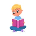 Cute Blond Boy Sitting on Floor and Reading Book, Preschooler Kid or Elementary School Student Enjoying Literature