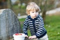 Cute blond boy of two years eating strawberries outdoors Royalty Free Stock Photo