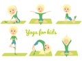 Cute blond cartoon girl demonstrates yoga poses on the mat