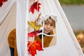 Cute blond child, boy, playing with knitted toys in the park, autumntime Royalty Free Stock Photo