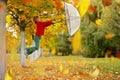 Cute blond child, boy, playing with knitted toys in the park, autumntime Royalty Free Stock Photo