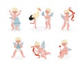 Cute Blond Cupid Boy with Bow, Stork, Arrow and Cake Vector Set