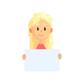 Cute blond girl with piece of empty paper in hands. Cartoon teenager character showing blank placard with place for text