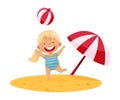 Cute Blond Girl at Sea Shore Wearing Swimsuit Playing with Ball on Sand Vector Illustration Royalty Free Stock Photo