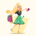 Cute blond girl with shopping bags and credit card on high heels Royalty Free Stock Photo