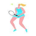 Blond-haired girl playing tennis in a blue skirt. Vector illustration in the flat cartoon style. Royalty Free Stock Photo