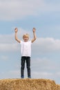 Cute blond schoolboy stays on large haystack in field with hands up on blue sky background. Vertical frame