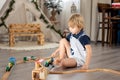 Cute blond toddler child, boy, playing with colorful trains and railroad at home Royalty Free Stock Photo