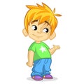 Cute blonde boy waving and smiling. Vector cartoon illustration of a boy presenting