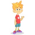 Cute blonde boy waving and smiling. Vector cartoon illustration of a teenager in red t-shirt presenting Royalty Free Stock Photo